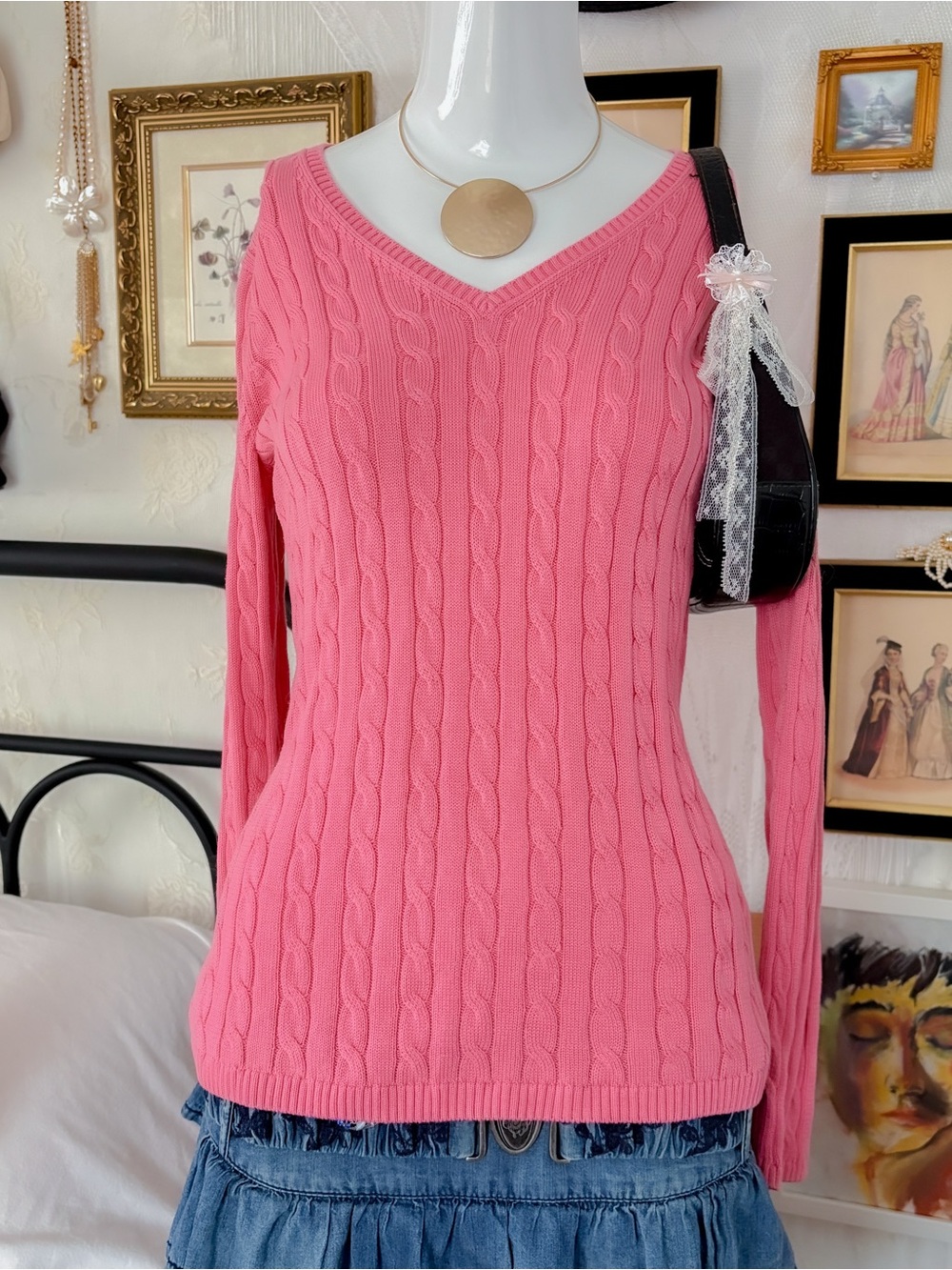 Preppy bubblegum casual y2k vintage girly cable knit Peruvian pima cotton top